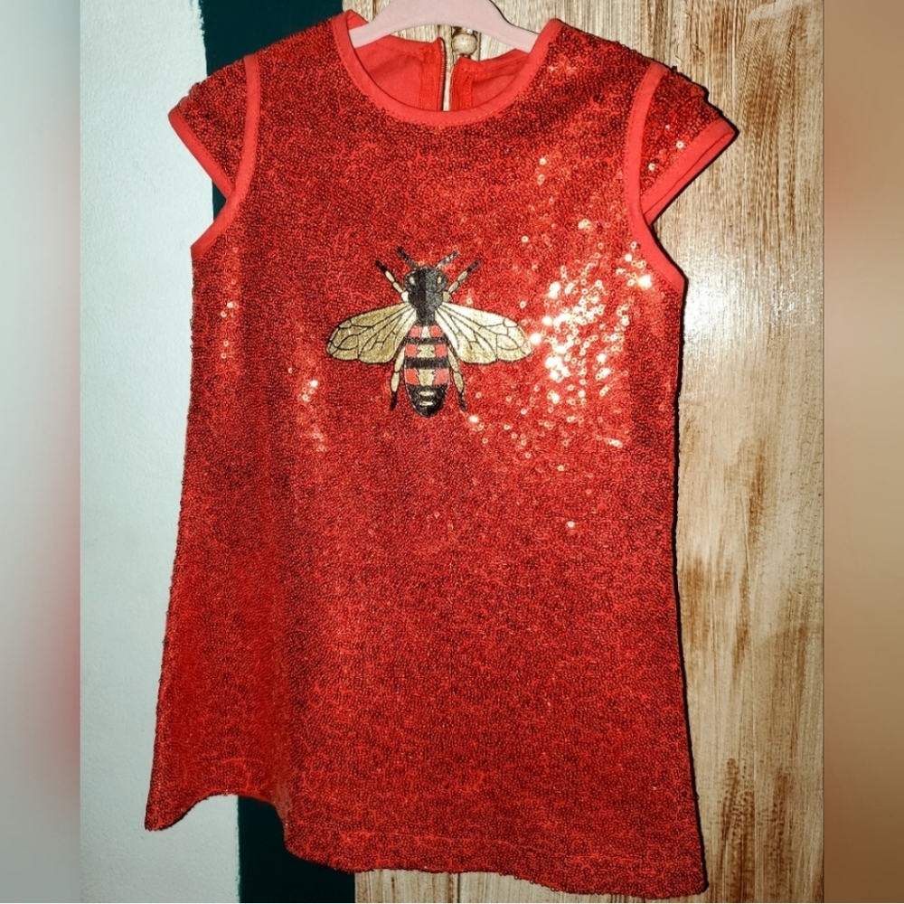 GUCCI girl's red sequin bee dress Made in Italy